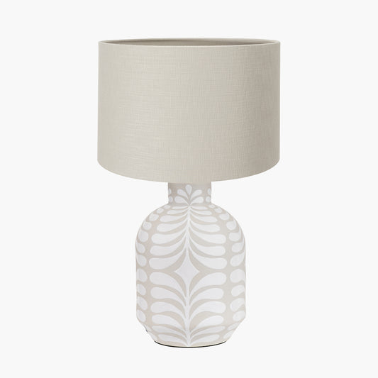 Tania Grey and White Pattern Ceramic Table Lamp Base with Lino 35cm Grey Self Lined Linen Cylinder Lampshade