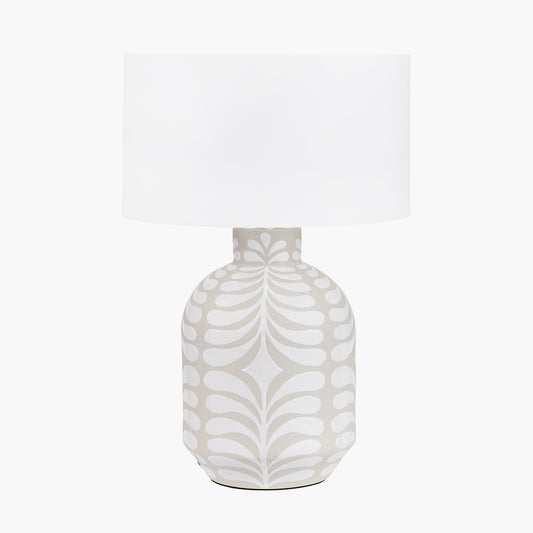 Tania Grey and White Pattern Ceramic Table Lamp Base with Lino 35cm White Self Lined Linen Cylinder Lampshade