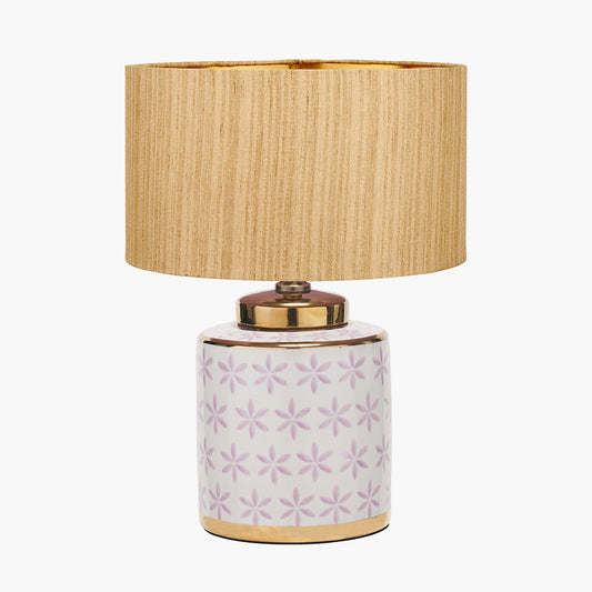 Thea Lillac and Gold Leaf Ceramic Table Lamp Base with Stellan 35cm Gold Slubbed Silk Mix Gold Lined Cylinder Lampshade