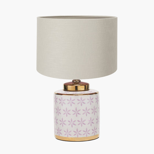 Thea Lillac and Gold Leaf Ceramic Table Lamp Base with Lino 35cm Grey Self Lined Linen Cylinder Lampshade