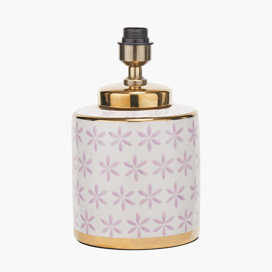 Thea Lillac and Gold Leaf Ceramic Table Lamp Base with Lino 35cm Grey Self Lined Linen Cylinder Lampshade