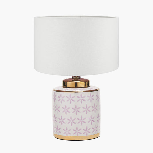 Thea Lillac and Gold Leaf Ceramic Table Lamp Base with Lino 35cm White Self Lined Linen Cylinder Lampshade