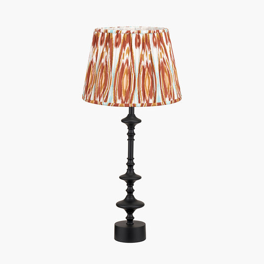 Emilio Matt Black Candlestick Table Lamp Base with Izara 35cm Cinnamon Ikat Patterned Mushroom Pleat Tapered Lampshade