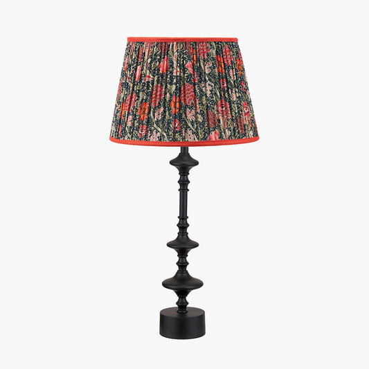 Emilio Matt Black Candlestick Table Lamp Base with Floressa 35cm Red Floral Patterned Mushroom Pleat Tapered Lamp Shade