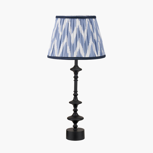 Emilio Matt Black Candlestick Table Lamp Base with Kamilah 40cm Blue Chevron Patterned Mushroom Pleat Tapered Lamp Shade