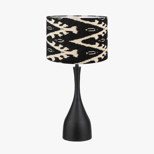 Llora Matt Black Metal Curved Table Lamp Base with Lars 35cm Black Ikat Patterned Cylinder Lampshade
