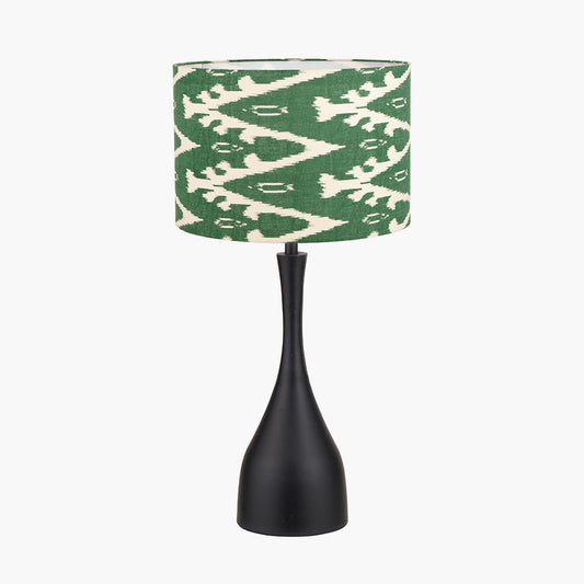 Llora Matt Black Metal Curved Table Lamp Base with Lars 35cm Racing Green Ikat Patterned Cylinder Lampshade