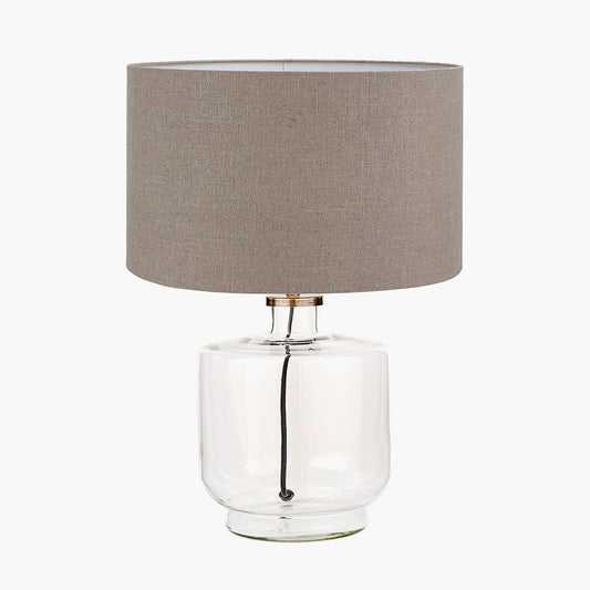 Josie Clear Glass and Antique Brass Metal Table Lamp Base with Edward 30cm Natural Linen Cylinder Lampshade