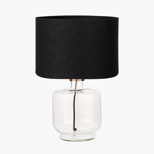 Josie Clear Glass and Antique Brass Metal Table Lamp Base with Lino 30cm Black Self Lined Linen Cylinder Lampshade