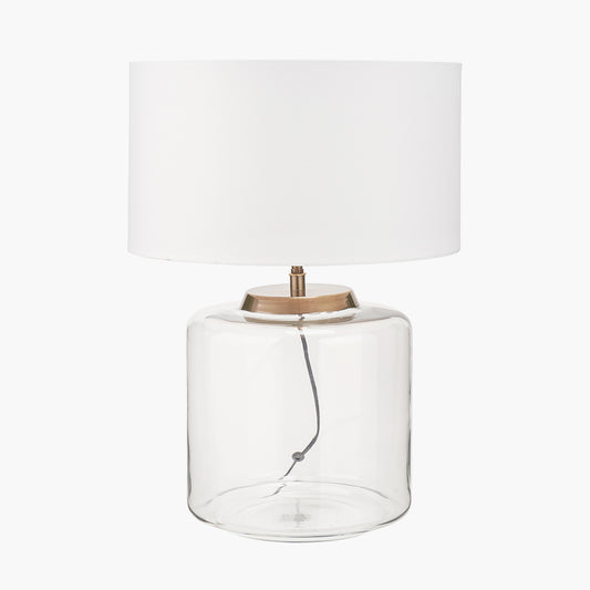Josie Clear Glass and Antique Brass Metal Large Table Lamp Base with Harry 40cm Ivory Cotton Mix Cylinder Lampshade