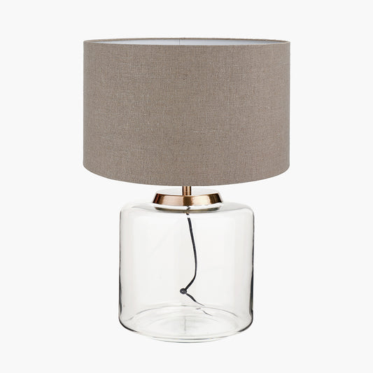 Josie Clear Glass and Antique Brass Metal Large Table Lamp Base with Edward 45cm Natural Linen Cylinder Lampshade