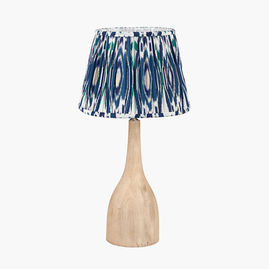 Corella Natural Mango Wood Curved Table Lamp Base with Izara 40cm Ocean Blue Ikat Patterned Mushroom Pleat Tapered Lampshade