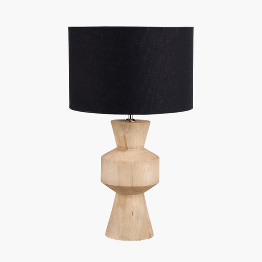 Koa Natural Mango Wood Contemporary Table Lamp Base with Lino 35cm Black Self Lined Linen Cylinder Lampshade