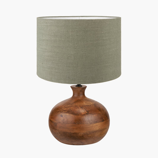 Kiah Brown Oiled Finish Mango Wood Round Table Lamp Base with Edward 40cm Pistachio Green Linen Cylinder Lampshade