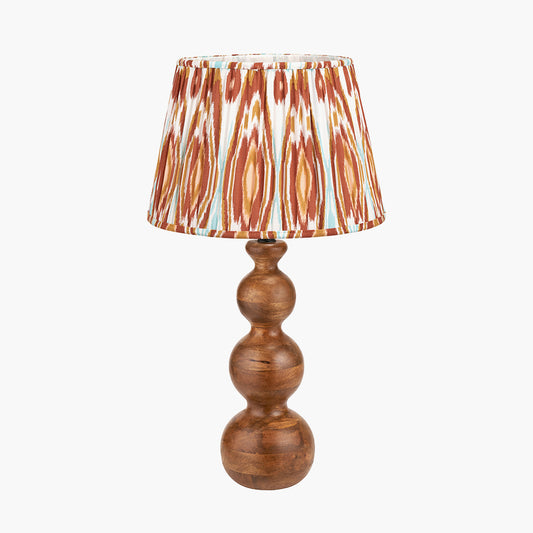 Nyari Brown Oiled Finish Mango Wood 3 Ball Design Table Lamp Base with Izara 40cm Cinnamon Ikat Patterned Mushroom Pleat Tapered Lampshade