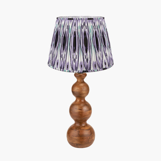Nyari Brown Oiled Finish Mango Wood 3 Ball Design Table Lamp Base with Izara 40cm Lilac Ikat Patterned Mushroom Pleat Tapered Lampshade