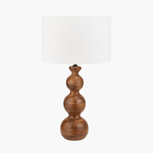 Nyari Brown Oiled Finish Mango Wood 3 Ball Design Table Lamp Base with Lino 40cm White Self Lined Linen Cylinder Lampshade