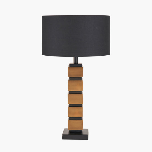 Maximo Antique Brass and Matt Black Cube Design Table Lamp Base with Harry 35cm Black Cotton Mix Cylinder Lampshade