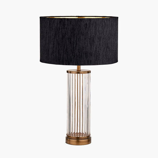Ciara Clear Glass and Antique Brass Metal Table Lamp Base with Stellan 35cm Black Slubbed  Silk Mix Gold Lined Cylinder Lampshade