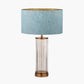 Ciara Clear Glass and Antique Brass Metal Table Lamp Base with Stellan 35cm Duck Egg Slubbed Silk Mix Gold Lined Cylinder Lampshade