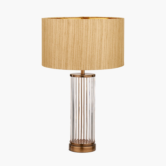 Ciara Clear Glass and Antique Brass Metal Table Lamp Base with Stellan 35cm Gold Slubbed Silk Mix Gold Lined Cylinder Lampshade