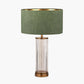 Ciara Clear Glass and Antique Brass Metal Table Lamp Base with Stellan 35cm Green Slubbed Silk Mix Gold Lined Cylinder Lampshade