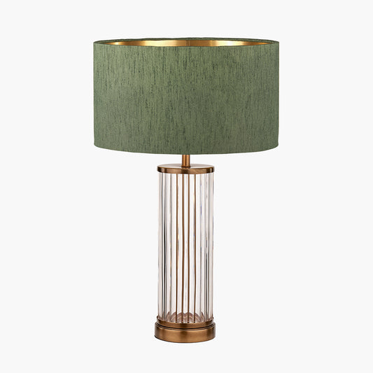 Ciara Clear Glass and Antique Brass Metal Table Lamp Base with Stellan 35cm Green Slubbed Silk Mix Gold Lined Cylinder Lampshade