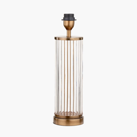 Ciara Clear Glass and Antique Brass Metal Table Lamp Base with Stellan 35cm Green Slubbed Silk Mix Gold Lined Cylinder Lampshade