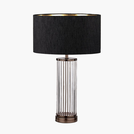 Ciara Clear Glass and Antique Bronze Metal Table Lamp Base with Stellan 35cm Black Slubbed  Silk Mix Gold Lined Cylinder Lampshade