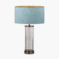 Ciara Clear Glass and Antique Bronze Metal Table Lamp Base with Stellan 35cm Duck Egg Slubbed Silk Mix Gold Lined Cylinder Lampshade