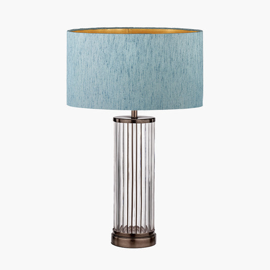 Ciara Clear Glass and Antique Bronze Metal Table Lamp Base with Stellan 35cm Duck Egg Slubbed Silk Mix Gold Lined Cylinder Lampshade
