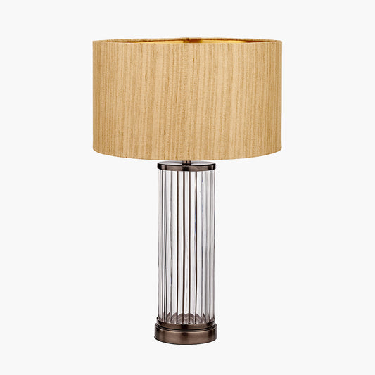 Ciara Clear Glass and Antique Bronze Metal Table Lamp Base with Stellan 35cm Gold Slubbed Silk Mix Gold Lined Cylinder Lampshade