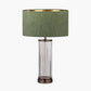 Ciara Clear Glass and Antique Bronze Metal Table Lamp Base with Stellan 35cm Green Slubbed Silk Mix Gold Lined Cylinder Lampshade