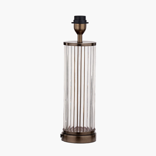 Ciara Clear Glass and Antique Bronze Metal Table Lamp Base with Stellan 35cm Green Slubbed Silk Mix Gold Lined Cylinder Lampshade