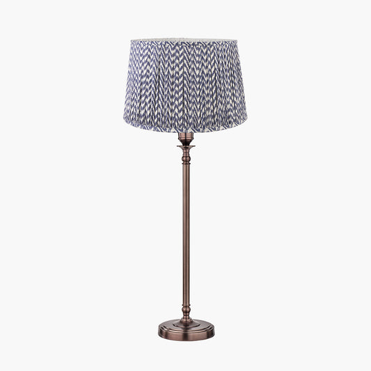 Piero Antique Bronze Metal Candlestick Table Lamp Base with Vienna 35cm Blue Chevron Mushroom Pleat Lampshade