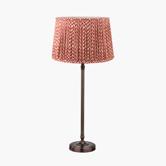 Piero Antique Bronze Metal Candlestick Table Lamp Base with Vienna 35cm Red Chevron Mushroom Pleat Lampshade