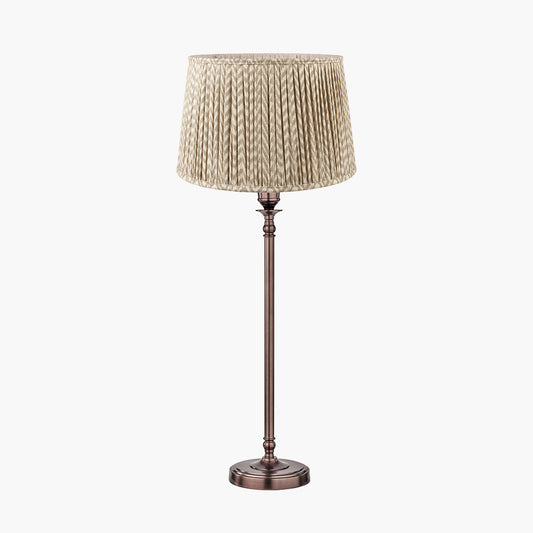 Piero Antique Bronze Metal Candlestick Table Lamp Base with Vienna 35cm Taupe Chevron Mushroom Pleat Lampshade