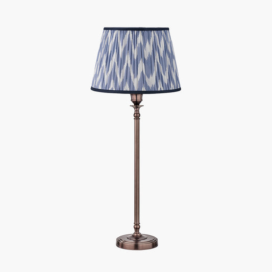 Piero Antique Bronze Metal Candlestick Table Lamp Base with Kamilah 35cm Blue Chevron Patterned Mushroom Pleat Tapered Lamp Shade