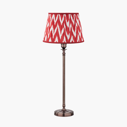 Piero Antique Bronze Metal Candlestick Table Lamp Base with Kamilah 35cm Red Chevron Patterned Mushroom Pleat Tapered Lamp Shade