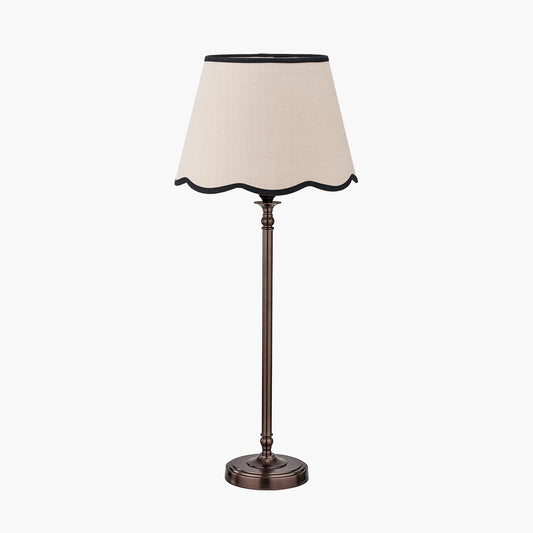 Piero Antique Bronze Metal Candlestick Table Lamp Base with Tabitha 35cm Cream Jute Scalloped Edge Tapered Lamp Shade with Contrast Binding
