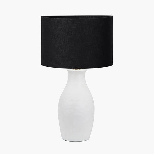 Eirene White Textured Stoneware Table Lamp Base with Lino 40cm Black Self Lined Linen Cylinder Lampshade