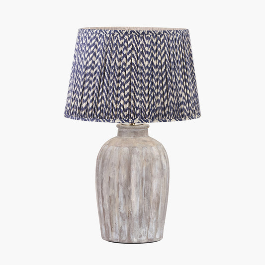 Ambrosia Natural Grooved Stoneware Table Lamp Base with Vienna 35cm Blue Chevron Mushroom Pleat Lampshade