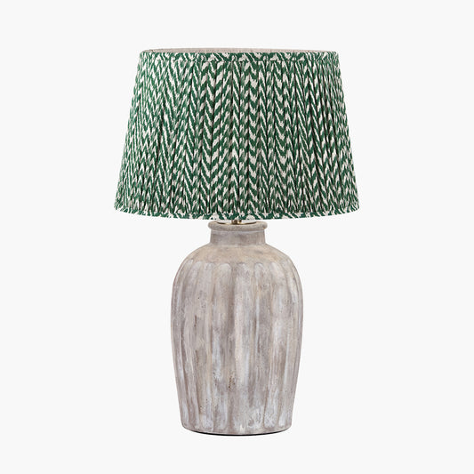 Ambrosia Natural Grooved Stoneware Table Lamp Base with Vienna 35cm Forest Green Chevron Mushroom Pleat Lampshade