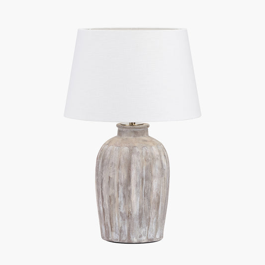 Ambrosia Natural Grooved Stoneware Table Lamp Base with Lys 35cm White Self Lined Linen Tapered Lampshade