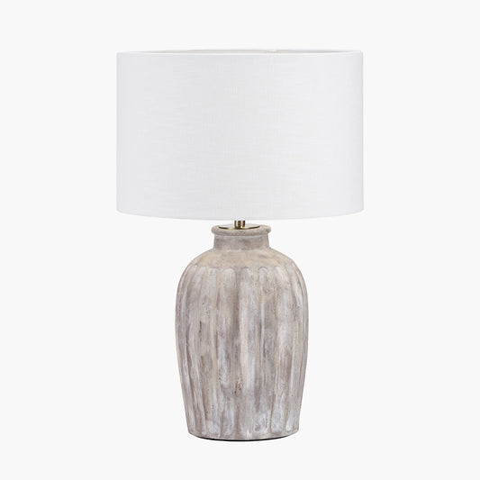 Ambrosia Natural Grooved Stoneware Table Lamp Base with Lino 35cm White Self Lined Linen Cylinder Lampshade