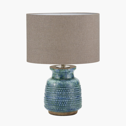 Theano Dot Design Blue Glaze Table Lamp Base with Edward 30cm Natural Linen Cylinder Lampshade