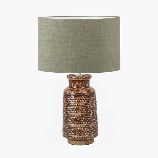 Theano Dot Design Brown Glaze Tall Table Lamp Base with Edward 35cm Pistachio Green Linen Cylinder Lampshade