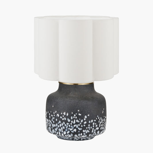 Etna Black and White Glass Table Lamp Base with Bloom 40cm White Handloom Scalloped Cylinder Lampshade