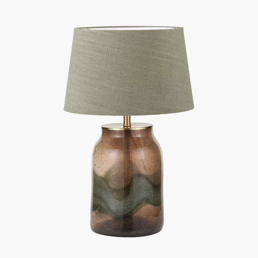 Valtellina Brown and Green Glass Table Lamp Base with Milos 35cm Pistachio Green Linen Tapered Lampshade