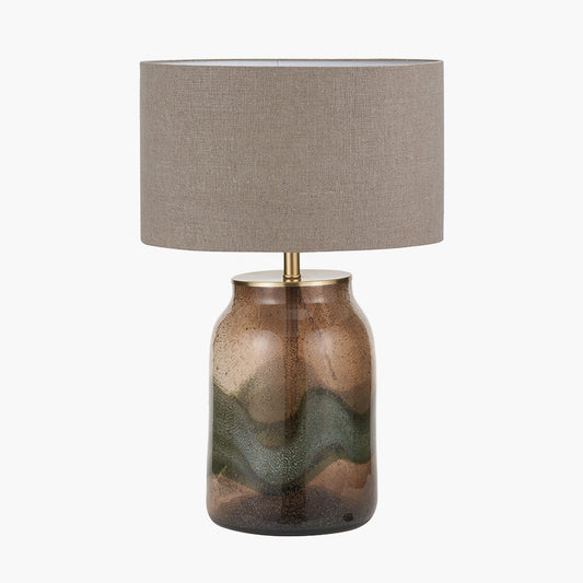 Valtellina Brown and Green Glass Table Lamp Base with Edward 35cm Natural Linen Cylinder Lampshade